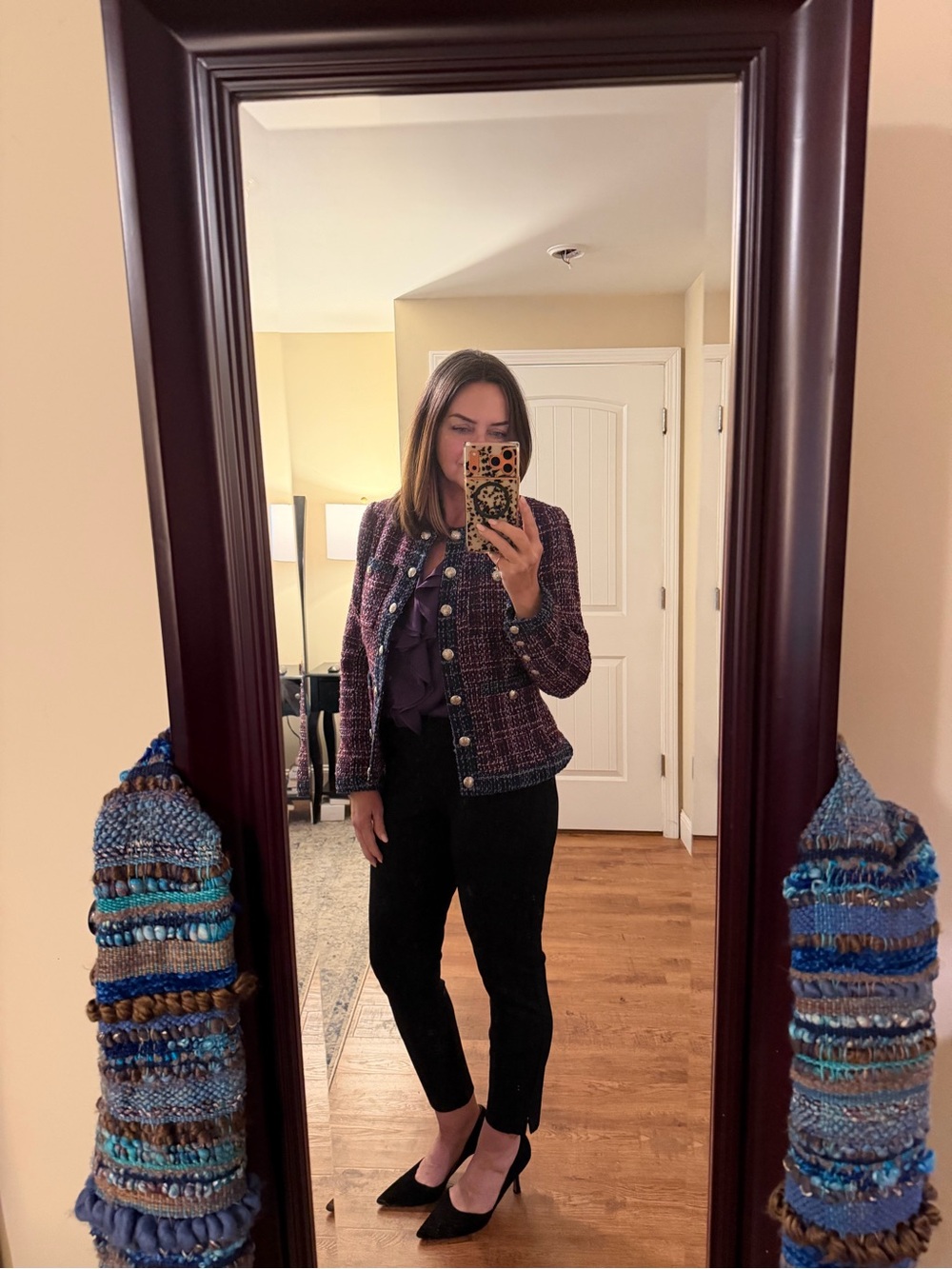 WHBM Tweed Open-Front Jacket in Navy and Plum